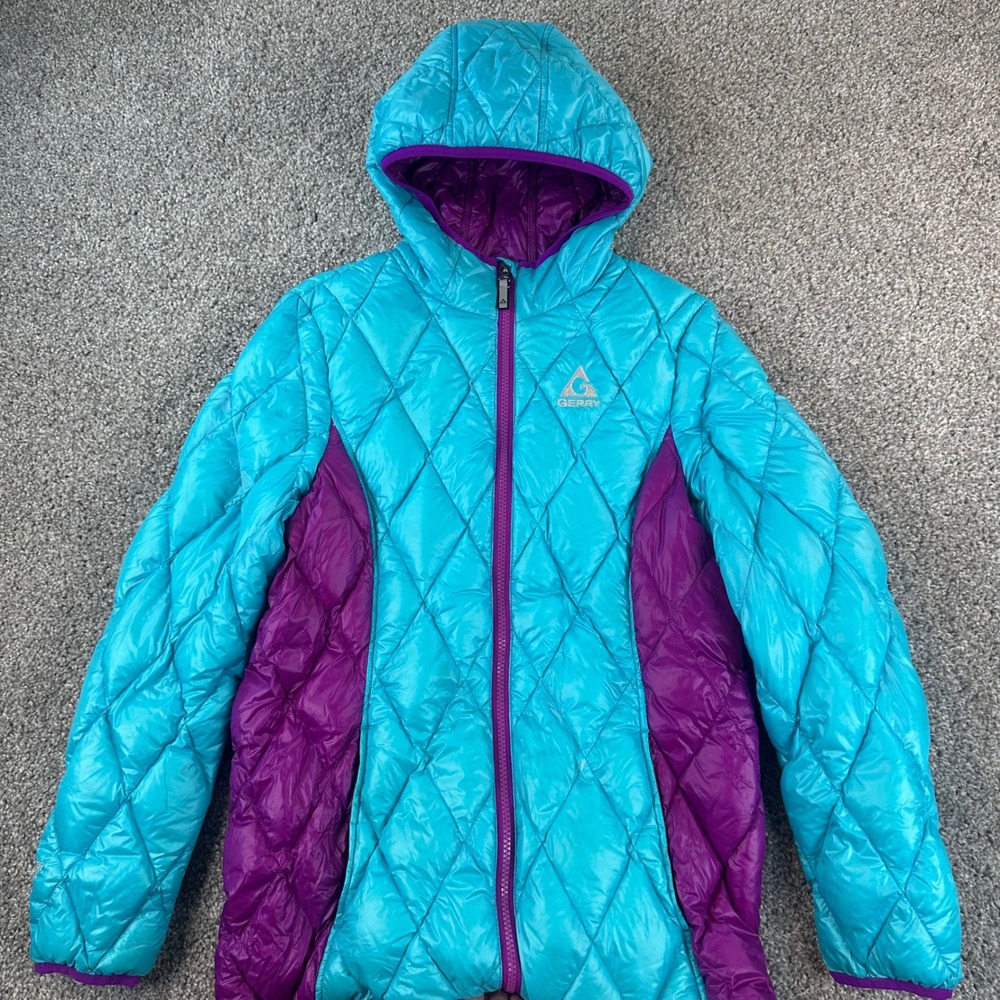 Gerry Kids Down Puffer Jacket L 14/16 Blue Purple Hooded Quilted Coat Gorpcore